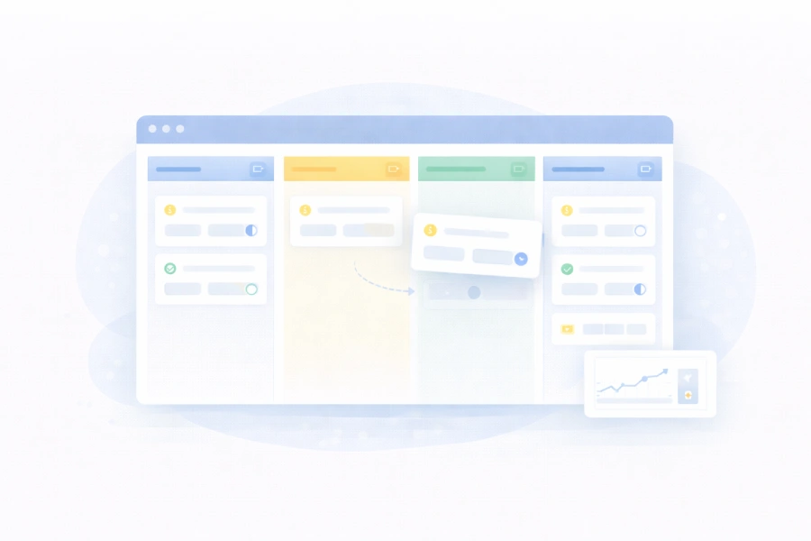 Visual sales pipeline with drag-and-drop deal stages and revenue forecasting